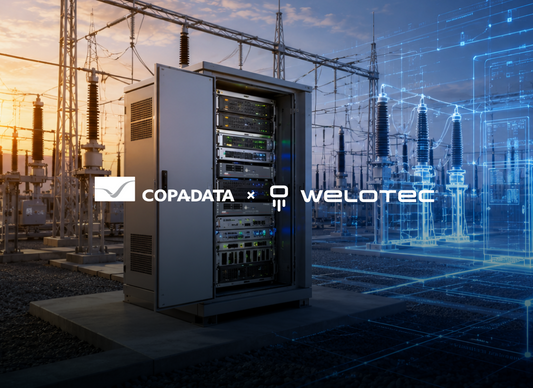 Social media graphic featuring a server cabinet in an electrical substation. The COPADATA and Welotec logos are displayed in the foreground. This image, or parts of this image, were generated or edited using [AI].
