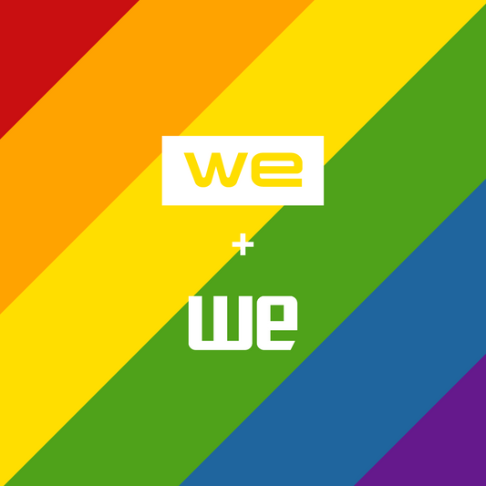 Social media graphic with a rainbow-colored background featuring the word “we” displayed twice in the center, separated by a plus sign.