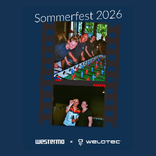 vSocial media graphic promoting the 2026 summer party, featuring two event photos displayed within a filmstrip design. Visible are people gathered around a table football game, attendees posing for a photo, the headline “Sommerfest 2026”, and Westermo and Welotec branding.