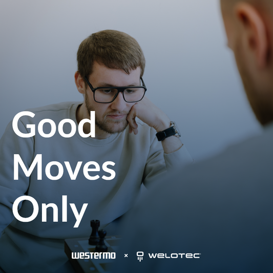 Social media graphic showing a person seated at a chessboard during a game, viewed across the table from another player. Visible are a chess piece, the headline “Good Moves Only”, and Westermo and Welotec branding.